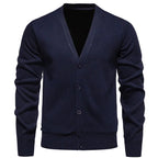 6971 Navy Men's V-Neck Cardigan with Button-Front Placket & Ribbed Cuffs