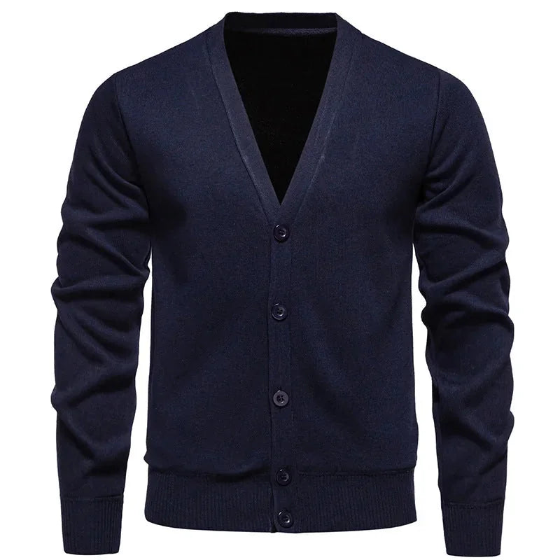6971 Navy Men's V-Neck Cardigan with Button-Front Placket & Ribbed Cuffs