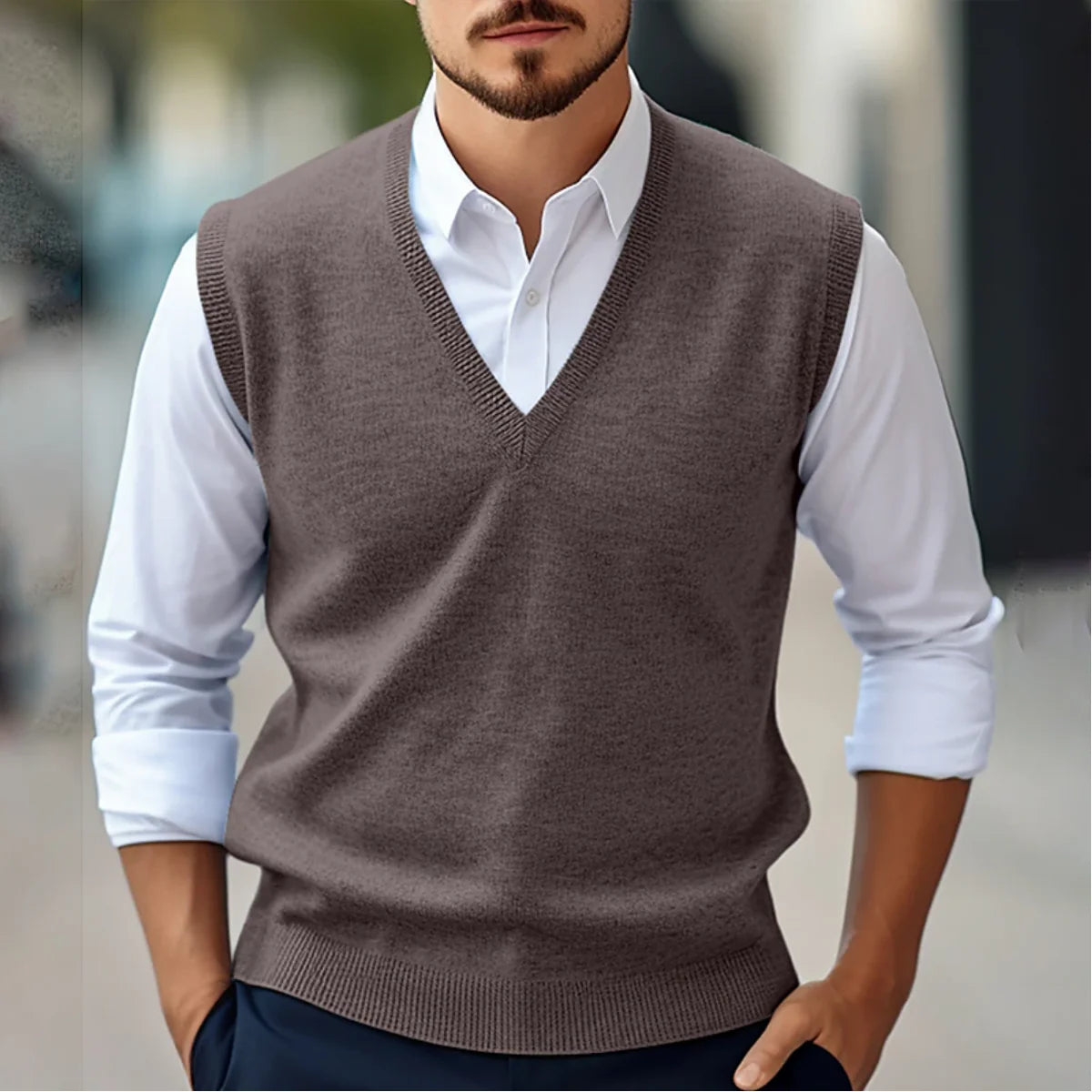 Brown Men's Lightweight V-Neck Sweater Vest with Ribbed Trim — Dexter