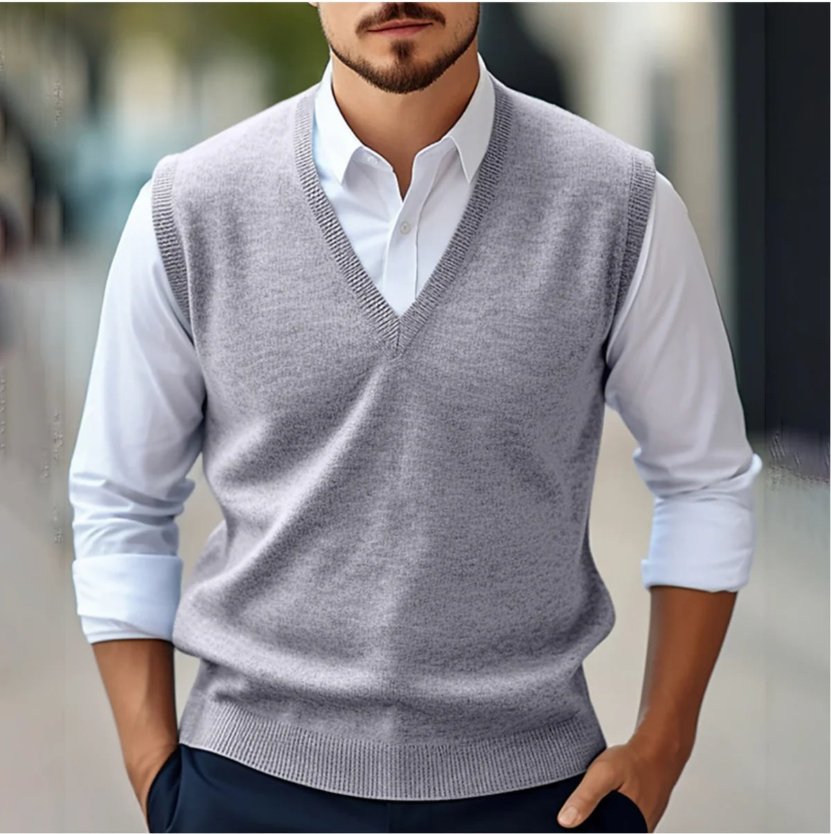 Grey Men's Lightweight V-Neck Sweater Vest with Ribbed Trim — Dexter