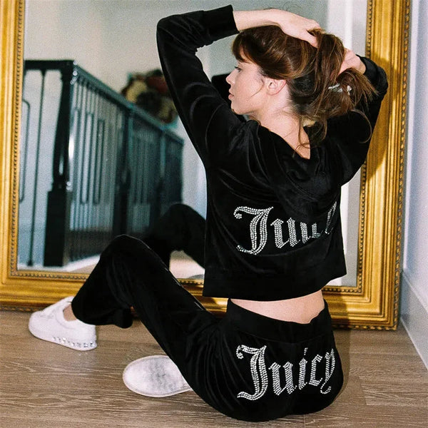 Black Women's Velour Tracksuit with Cropped Zip Jacket & Rhinestone Logo - Back Pose Mirror