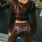 Women's Velour Tracksuit with Cropped Zip Jacket & Rhinestone Logo
