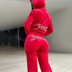 Women's Velour Tracksuit with Cropped Zip Jacket & Rhinestone Logo - Back Close Up