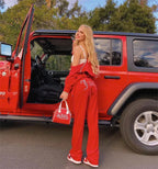Red Women's Velour Tracksuit with Cropped Zip Jacket & Rhinestone Logo