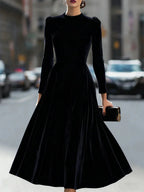 Black Women's Velvet Maxi Dress with Puff-Shoulder Detail & Long Sleeves — Mia