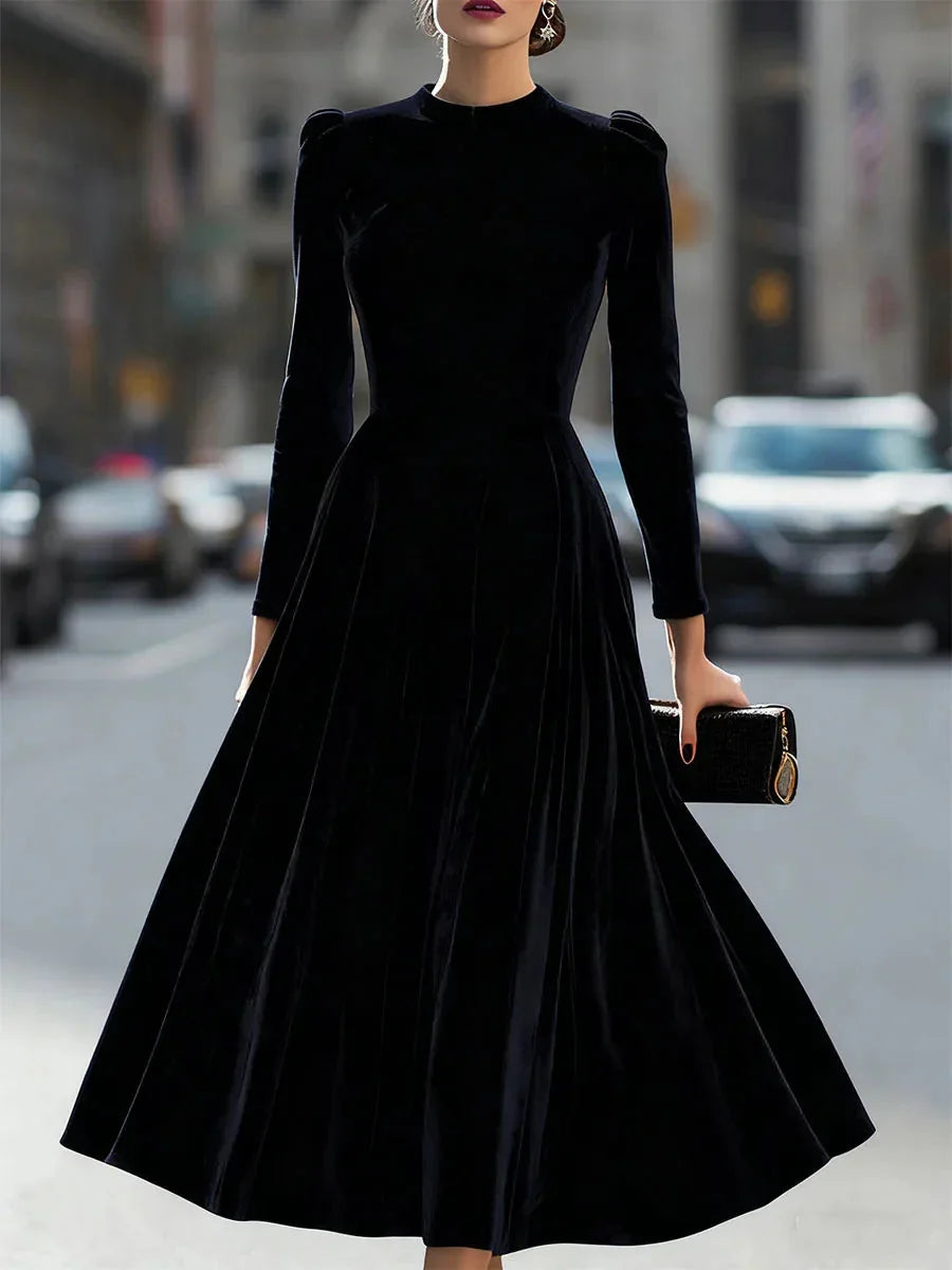 Black Women's Velvet Maxi Dress with Puff-Shoulder Detail & Long Sleeves — Mia