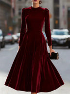Burgundy Women's Velvet Maxi Dress with Puff-Shoulder Detail & Long Sleeves — Mia