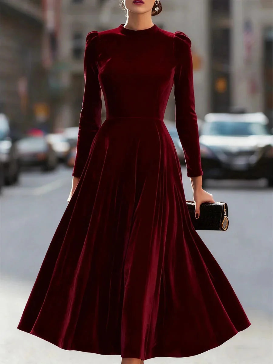 Burgundy Women's Velvet Maxi Dress with Puff-Shoulder Detail & Long Sleeves — Mia