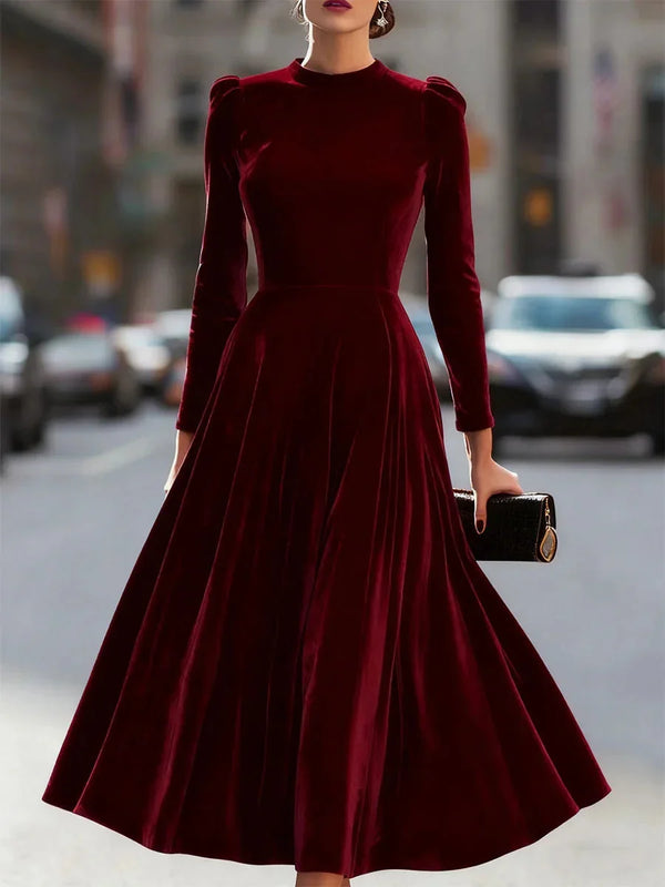 Women's Velvet Maxi Dress with Puff-Shoulder Detail & Long Sleeves — Mia