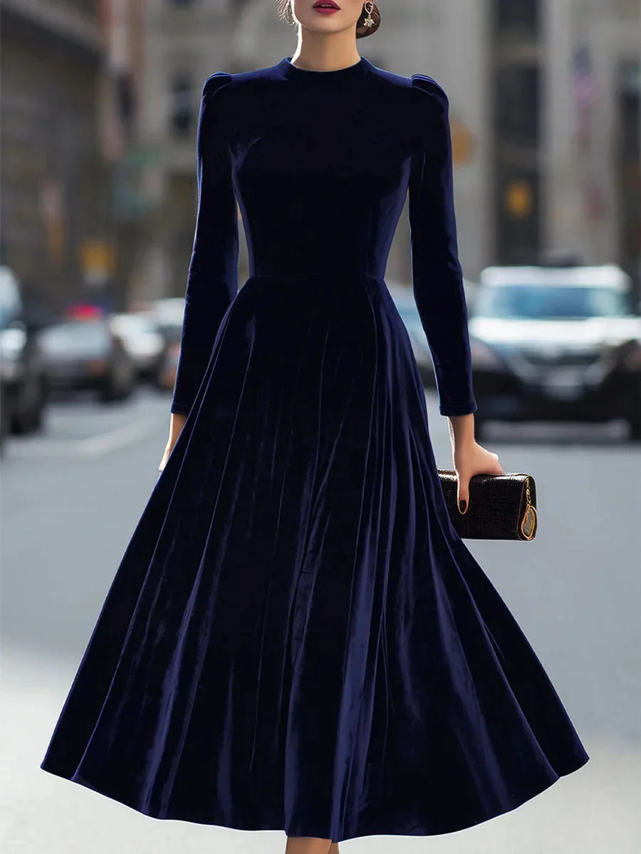 Navy Blue Women's Velvet Maxi Dress with Puff-Shoulder Detail & Long Sleeves — Mia