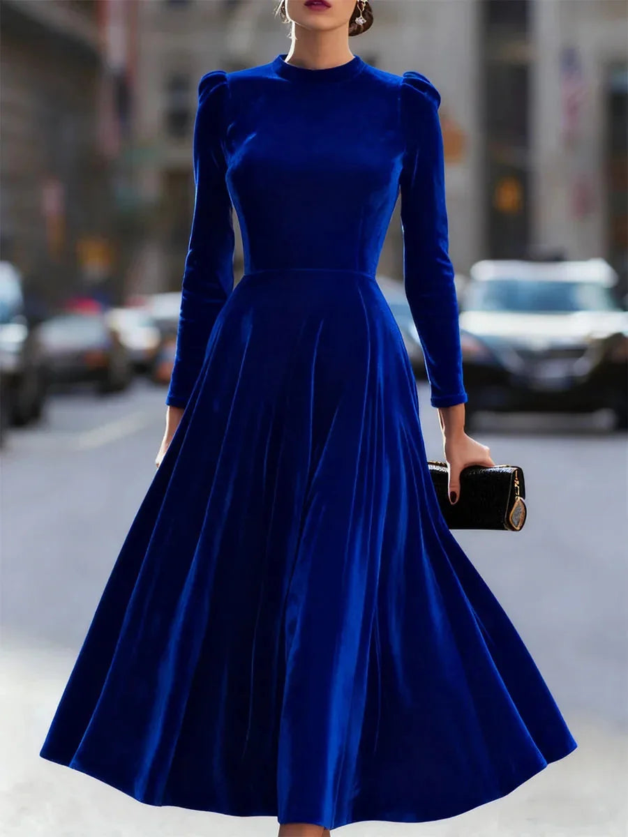 Royal Blue Women's Velvet Maxi Dress with Puff-Shoulder Detail & Long Sleeves — Mia