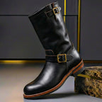 Black Men's Vintage Buckle Boots with Adjustable Straps & Round Toe — Benedict