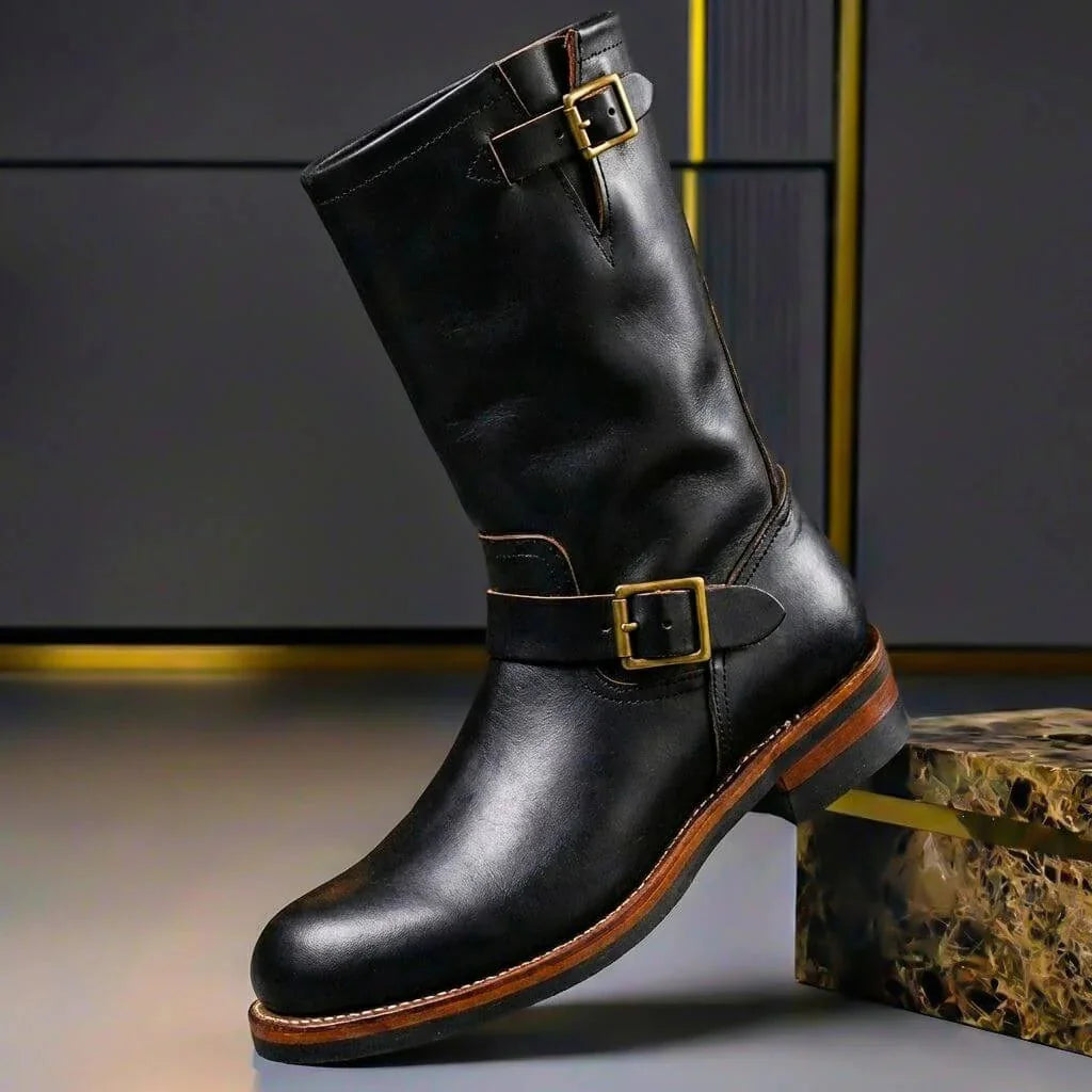 Black Men's Vintage Buckle Boots with Adjustable Straps & Round Toe — Benedict