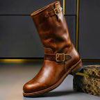 Brown Men's Vintage Buckle Boots with Adjustable Straps & Round Toe — Benedict