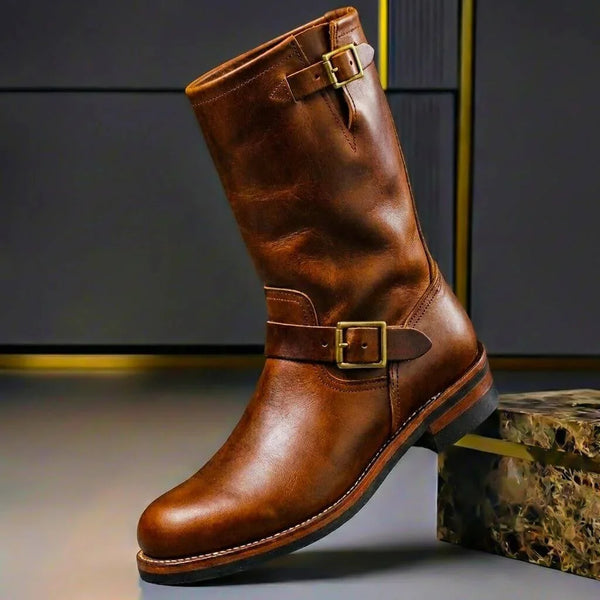 Brown Men's Vintage Buckle Boots with Adjustable Straps & Round Toe — Benedict