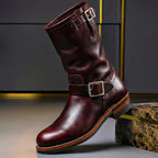 Burgundy Men's Vintage Buckle Boots with Adjustable Straps & Round Toe — Benedict