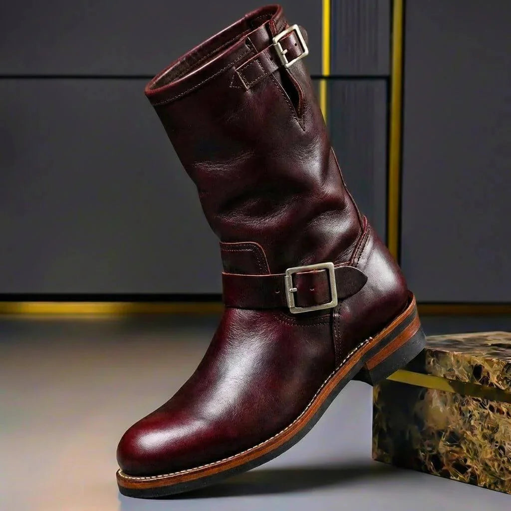 Burgundy Men's Vintage Buckle Boots with Adjustable Straps & Round Toe — Benedict