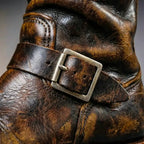 Dark Brown Men's Vintage Buckle Boots with Adjustable Straps & Round Toe — Benedict - Buckle Close Up