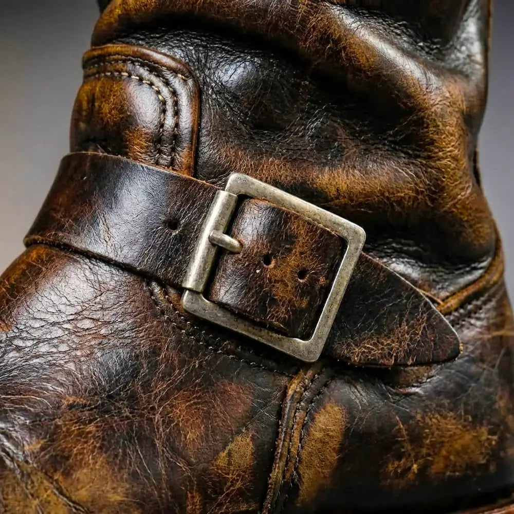 Dark Brown Men's Vintage Buckle Boots with Adjustable Straps & Round Toe — Benedict - Buckle Close Up