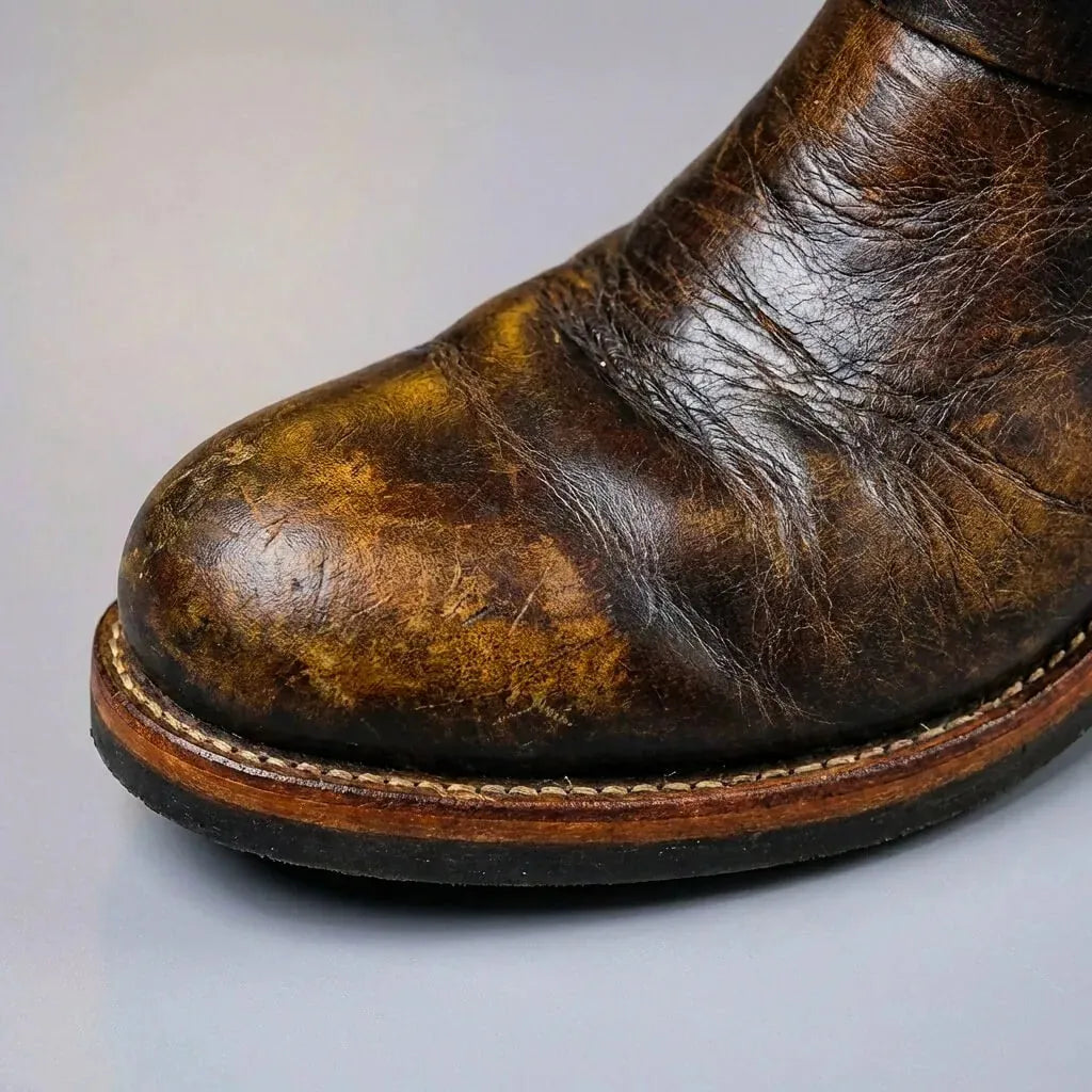 Dark Brown Men's Vintage Buckle Boots with Adjustable Straps & Round Toe — Benedict - Toe Close Up