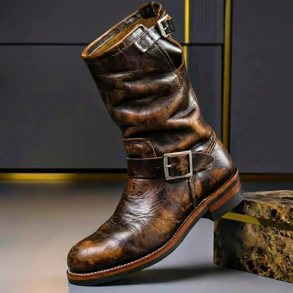 Dark Brown Men's Vintage Buckle Boots with Adjustable Straps & Round Toe — Benedict