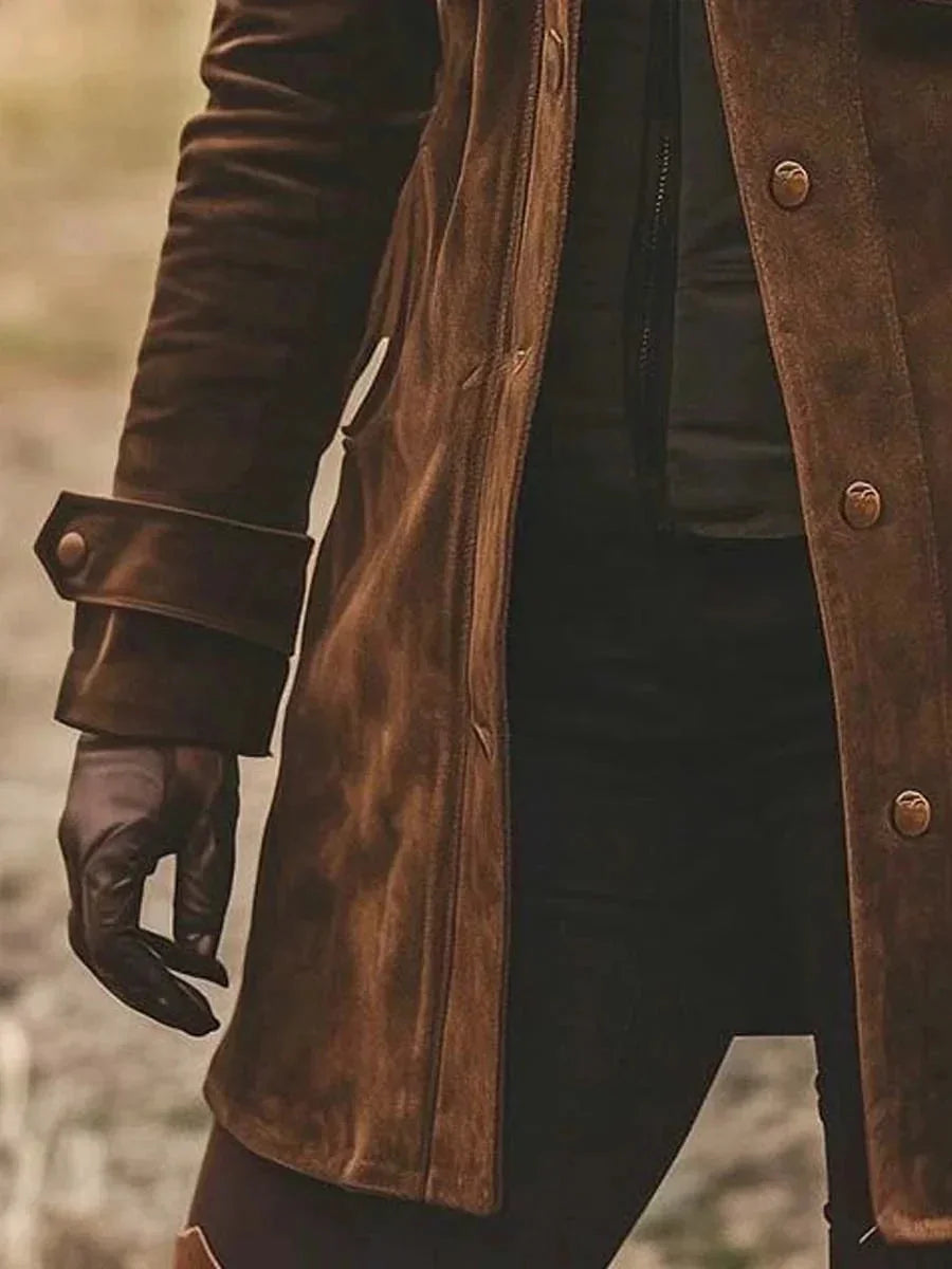 Brown Women's Vintage Suede Coat with Zip-Front Closure & Buckle Cuffs — Henrietta - Close Up Front Detail