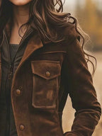 Brown Women's Vintage Suede Coat with Zip-Front Closure & Buckle Cuffs — Henrietta - Close Up Pocket Detail