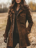 Brown Women's Vintage Suede Coat with Zip-Front Closure & Buckle Cuffs
