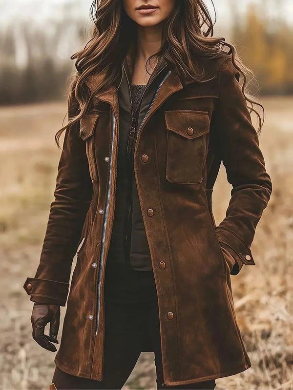 Brown Women's Vintage Suede Coat with Zip-Front Closure & Buckle Cuffs