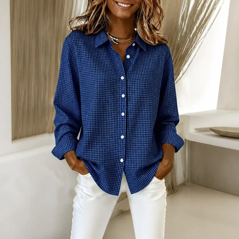 Blue Women's Vintage Plaid Shirt with Button-Front & Relaxed Fit