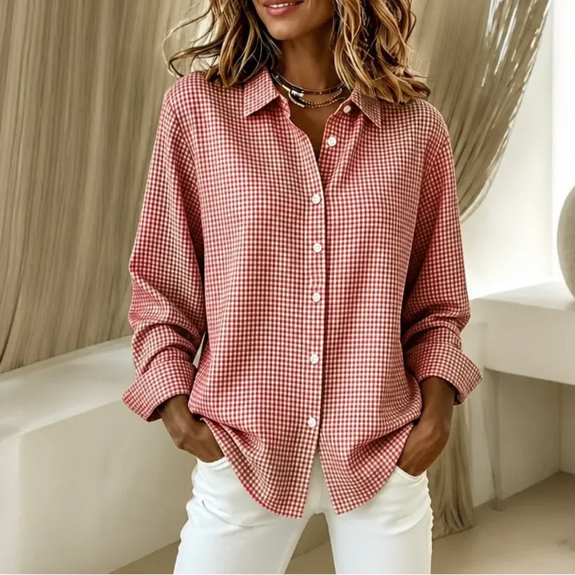 Red Women's Vintage Plaid Shirt with Button-Front & Relaxed Fit