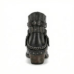 Black Women's Vintage Boots with Studded Straps & Buckle Detail — Selma - Back Closeup
