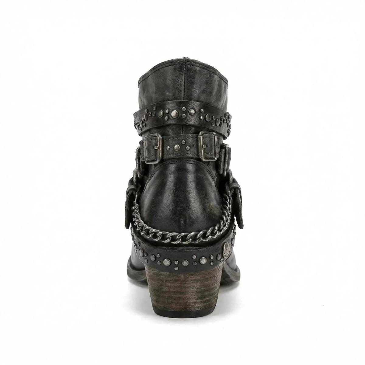 Black Women's Vintage Boots with Studded Straps & Buckle Detail — Selma - Back Closeup