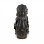 Black Women's Vintage Boots with Studded Straps & Buckle Detail — Selma - Back Full
