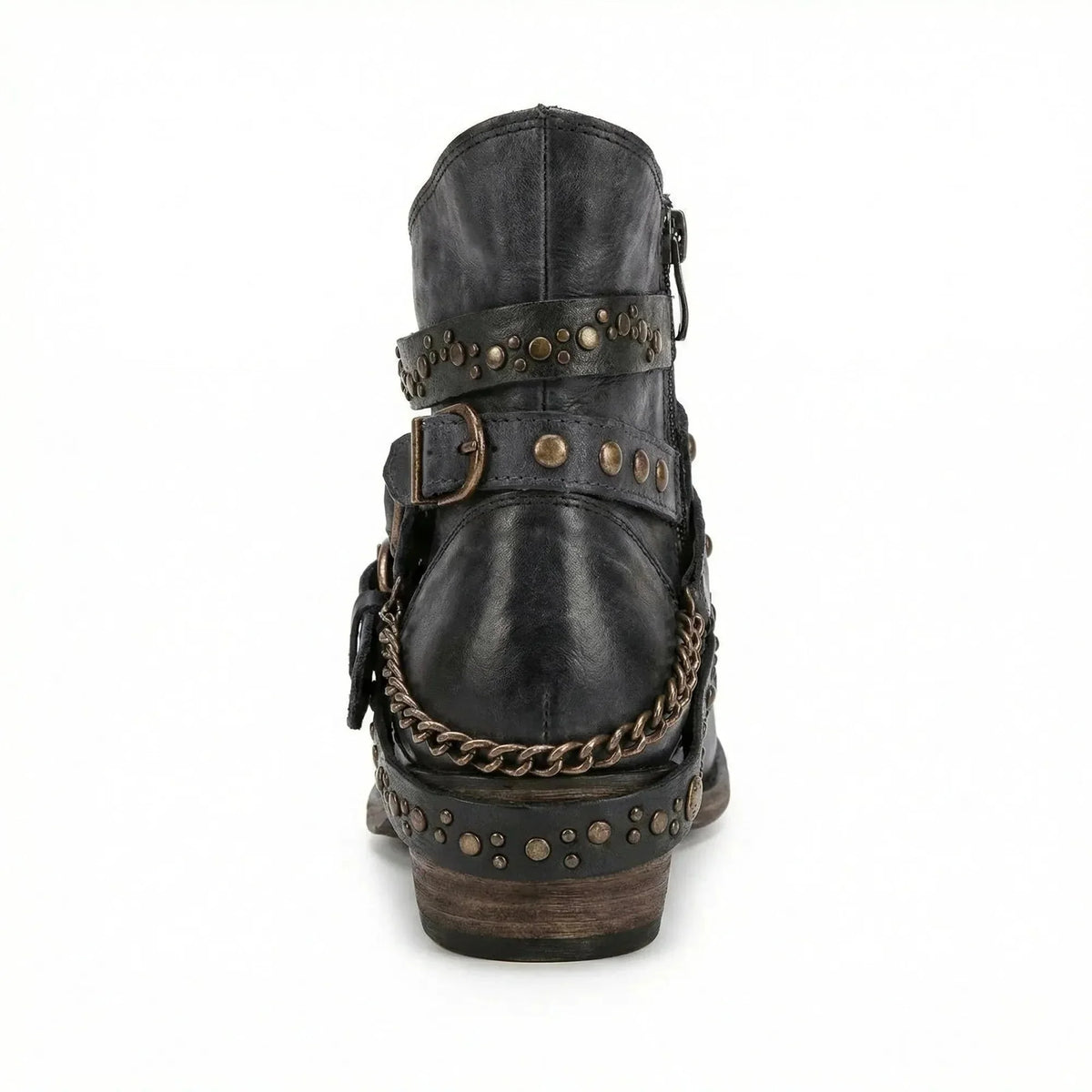 Black Women's Vintage Boots with Studded Straps & Buckle Detail — Selma - Back Full