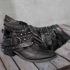 Black Women's Vintage Boots with Studded Straps & Buckle Detail — Selma - Front Closeup