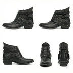 Black Women's Vintage Boots with Studded Straps & Buckle Detail — Selma - Multi View Grid Alt