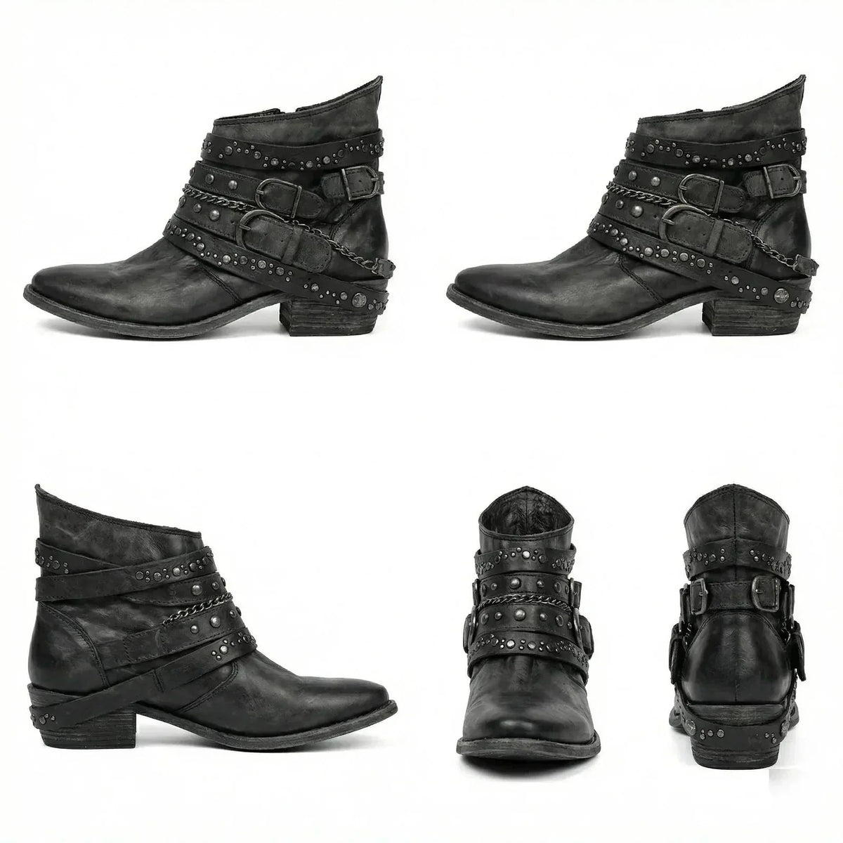 Black Women's Vintage Boots with Studded Straps & Buckle Detail — Selma - Multi View Grid Alt