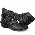 Black Women's Vintage Boots with Studded Straps & Buckle Detail — Selma - Pair Side View