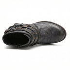 Black Women's Vintage Boots with Studded Straps & Buckle Detail — Selma - Top Down View