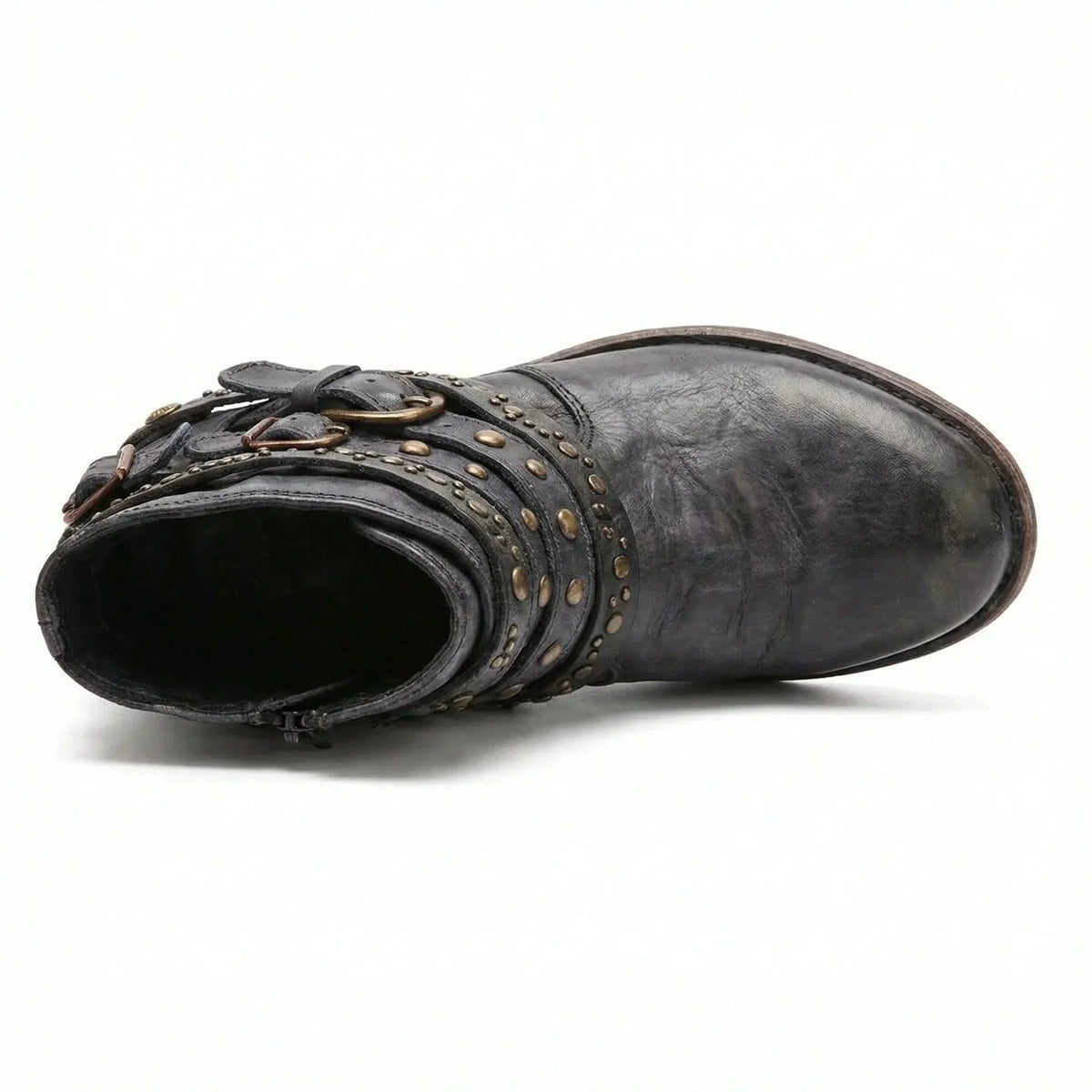 Black Women's Vintage Boots with Studded Straps & Buckle Detail — Selma - Top Down View