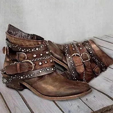 Brown Women's Vintage Boots with Studded Straps & Buckle Detail — Selma - Front Full Closeup