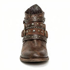 Brown Women's Vintage Boots with Studded Straps & Buckle Detail — Selma - Front Strap Closeup