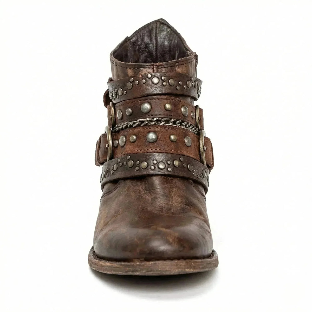 Brown Women's Vintage Boots with Studded Straps & Buckle Detail — Selma - Front Strap Closeup