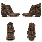 Brown Women's Vintage Boots with Studded Straps & Buckle Detail — Selma - Multi View Grid