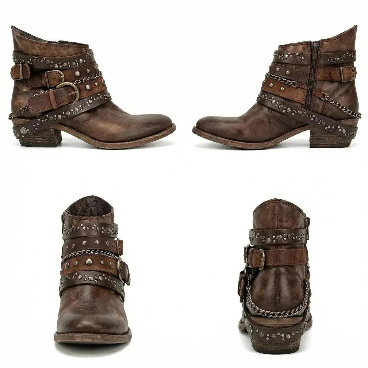 Brown Women's Vintage Boots with Studded Straps & Buckle Detail — Selma - Multi View Grid