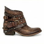 Brown Women's Vintage Boots with Studded Straps & Buckle Detail — Selma - Side Full