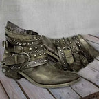 Green Women's Vintage Boots with Studded Straps & Buckle Detail — Selma - Front Pair View