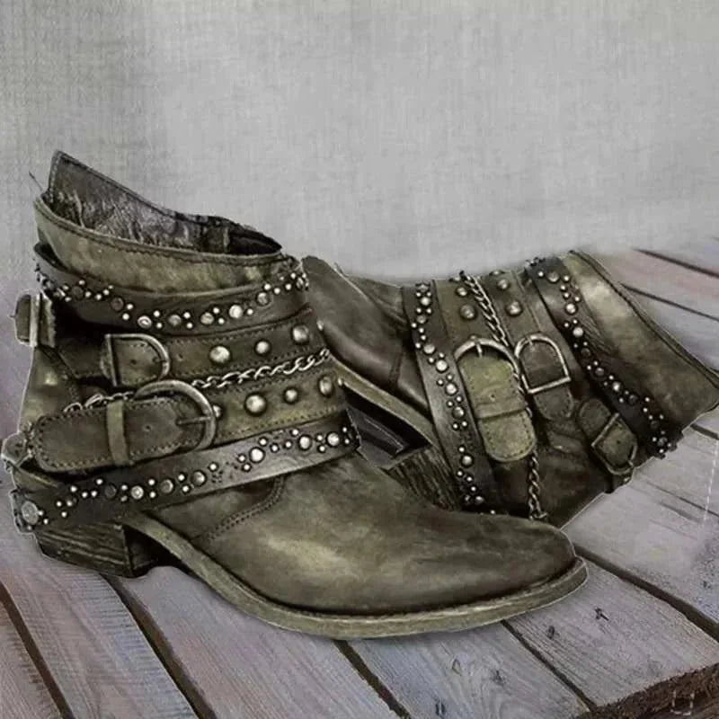 Green Women's Vintage Boots with Studded Straps & Buckle Detail — Selma - Front Pair View