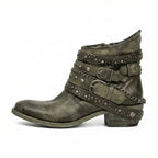 Green Women's Vintage Boots with Studded Straps & Buckle Detail — Selma - Side Profile C